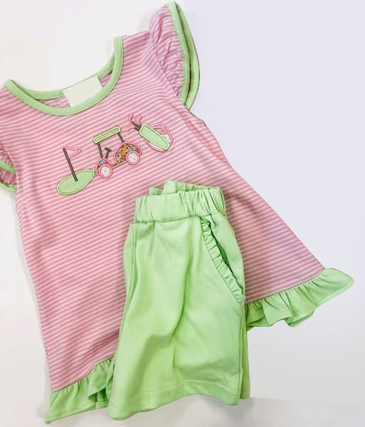 GSSO2583 4.25 y pre order Golf sightseeing car flag lace pink and white stripes flying sleeves green shorts suit