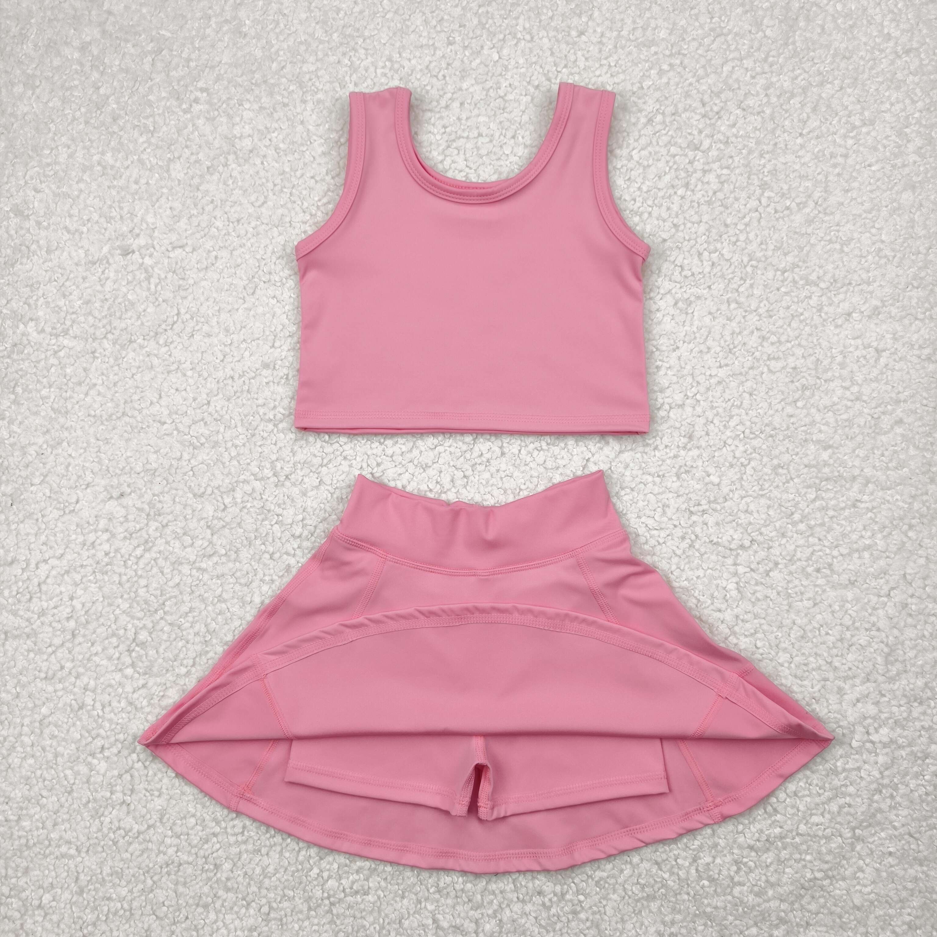 GSD1978 4.26y  Solid Pink Sleeveless Skirt Yoga Set