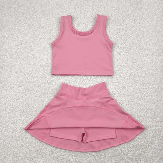 GSD1978 4.26y  Solid Pink Sleeveless Skirt Yoga Set