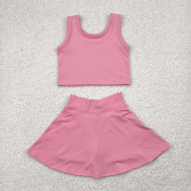GSD1978 4.26y  Solid Pink Sleeveless Skirt Yoga Set