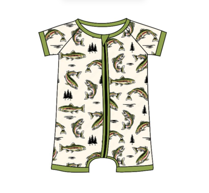 SR3095 4.26y Pre order Fish Tree Green Zipper Short Sleeve romper