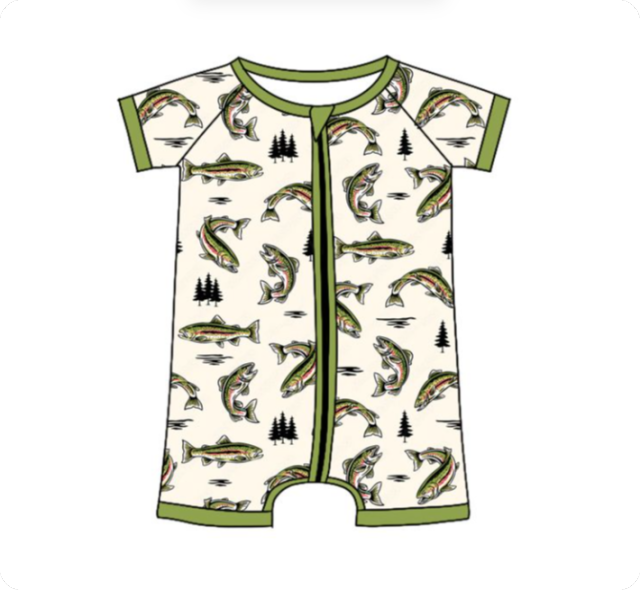 SR3095 4.26y Pre order Fish Tree Green Zipper Short Sleeve romper