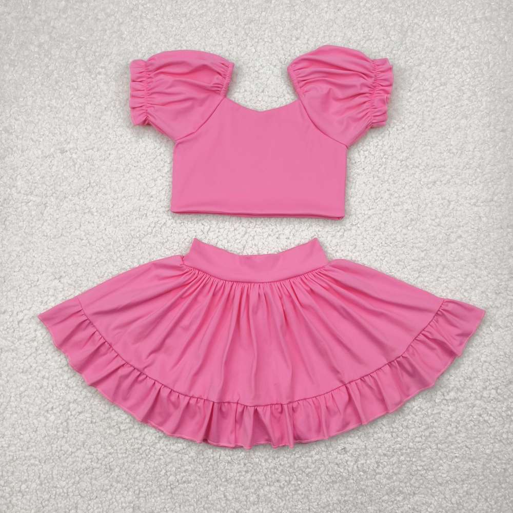 GSD2102 4.28y  Solid Pink Lantern Sleeve Skirt Yoga Set