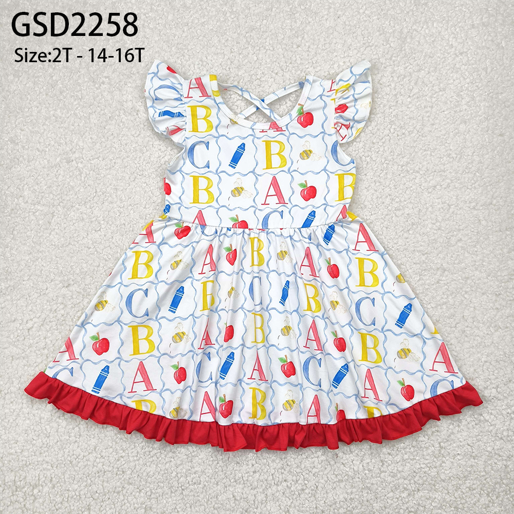 GSD2258 4.28y ABC pencil apple plaid red and white flying sleeve dress