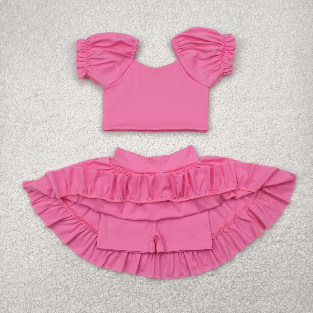 GSD2102 4.28y  Solid Pink Lantern Sleeve Skirt Yoga Set