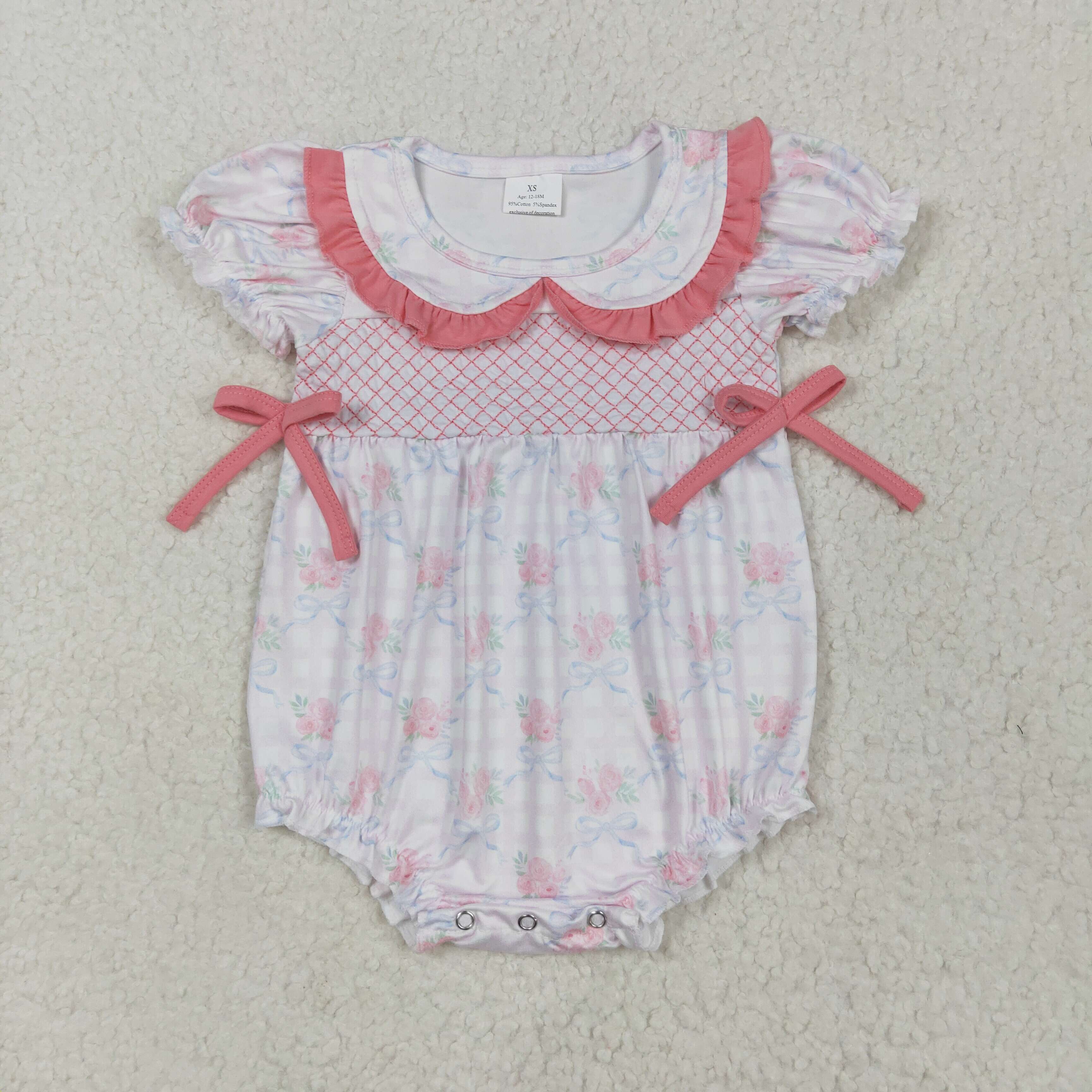 SR2917 4.29Y Embroidered flower blue bow pattern pink plaid short-sleeved babydoll collar romper