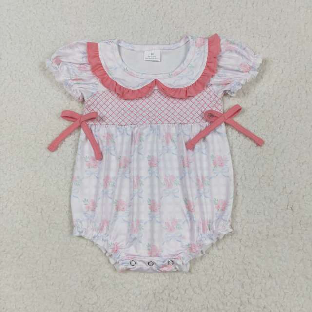 SR2917 4.29Y Embroidered flower blue bow pattern pink plaid short-sleeved babydoll collar romper