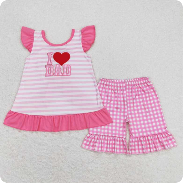 GSSO0563 4.29 y I love dad embroidered heart striped bow pink and white plaid short-sleeved shorts suit