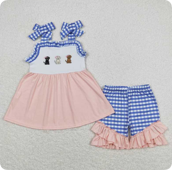 GSSO0630 4.29 y Embroidered three-bow puppy blue and white plaid pink suspender shorts suit