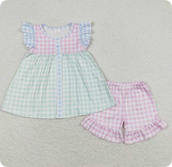 GSSO0744 4.29 y Pink Green Plaid Fly Sleeve Shorts Set