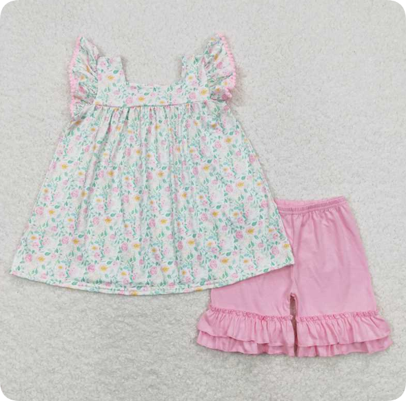 GSSO0487 4.3y Floral Lace Sleeveless Pink Shorts Set
