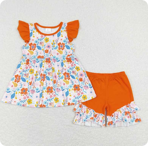 GSSO0510 4.30y Brick Red Floral Fly Sleeve Shorts Set