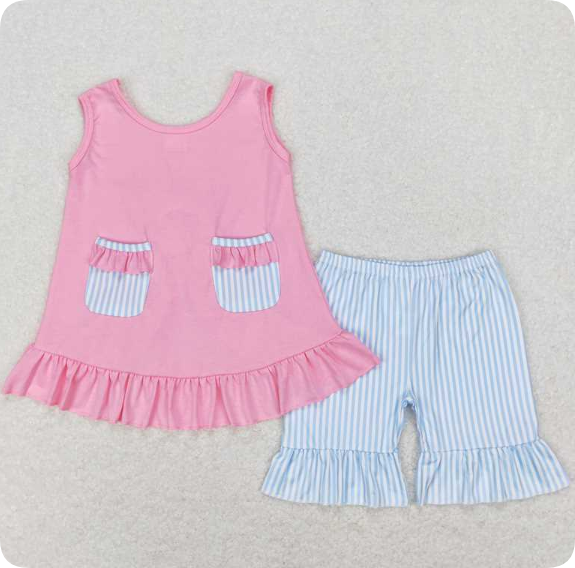 GSSO0438 4.30y Blue and White Striped Lace Pocket Bow Sleeveless Top and Shorts Set