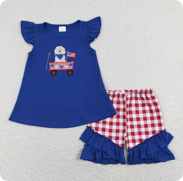 GSSO0509 4.3y Embroidery Ice Cream Watermelon Pink Lace Fly Sleeve Shorts Set