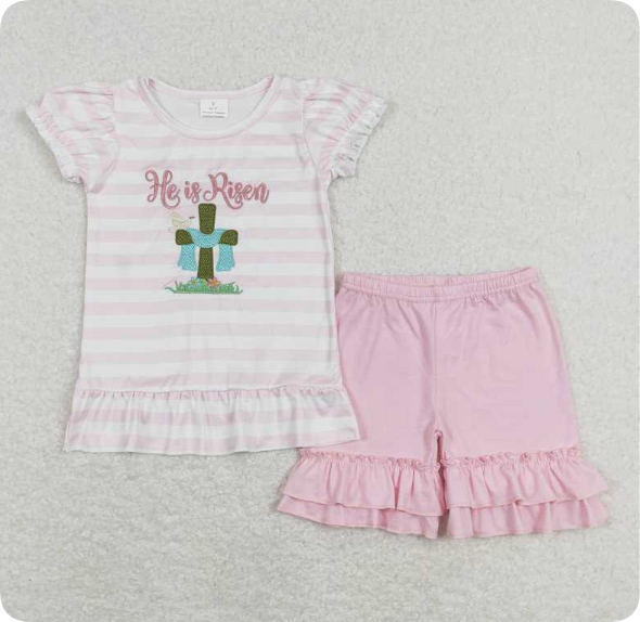 GSSO0382  4.30y he is risen embroidered cross pink and white striped short sleeve shorts set
