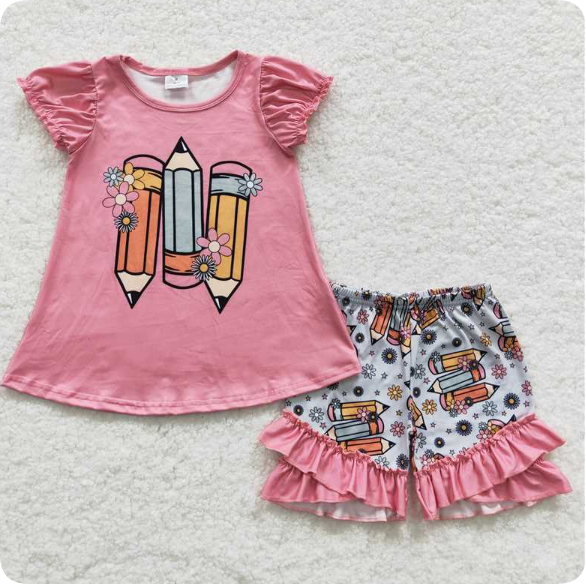 GSSO0356  4.4y Flower pencil pink short-sleeved shorts set