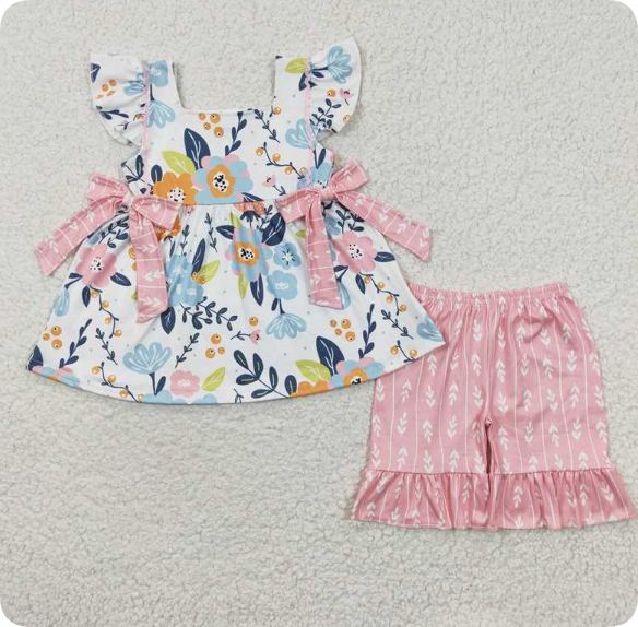 GSSO0241 5.1y Flower Leaf Bowknot Vest Shorts Set