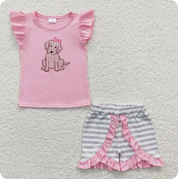 GSSO0223 5.1y Girls Pink Puppy Embroidery Shorts Set with Flying Sleeves