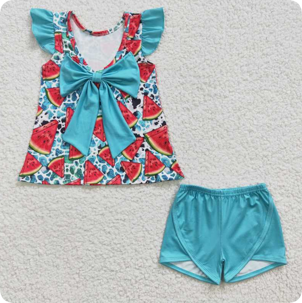 GSSO0137  5.2y Girls Watermelon Blue Fly Sleeve Shorts Set