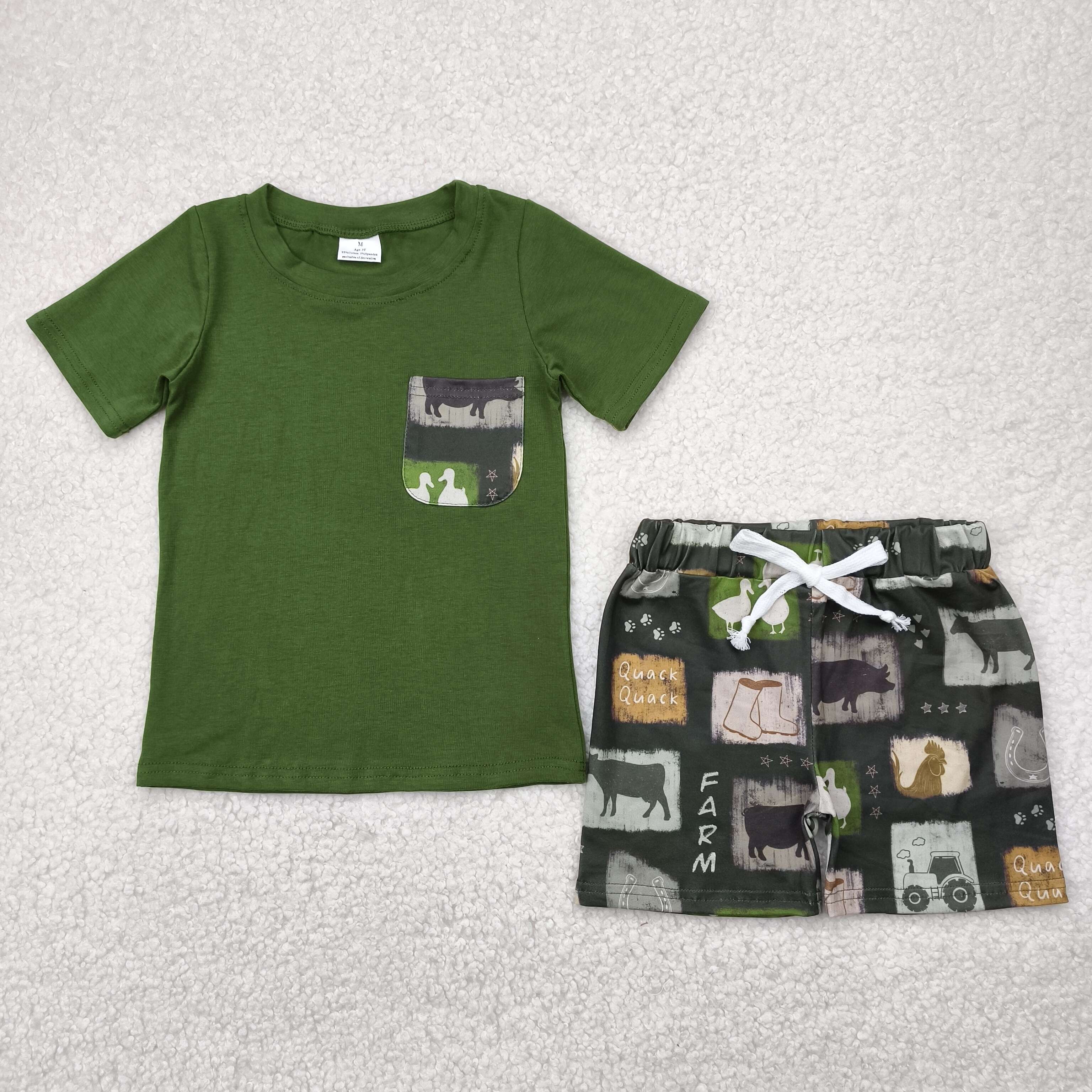 BSSO1390 5.5y Farm tractor cow duck pocket green short sleeve shorts suit