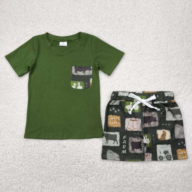 BSSO1390 5.5y Farm tractor cow duck pocket green short sleeve shorts suit
