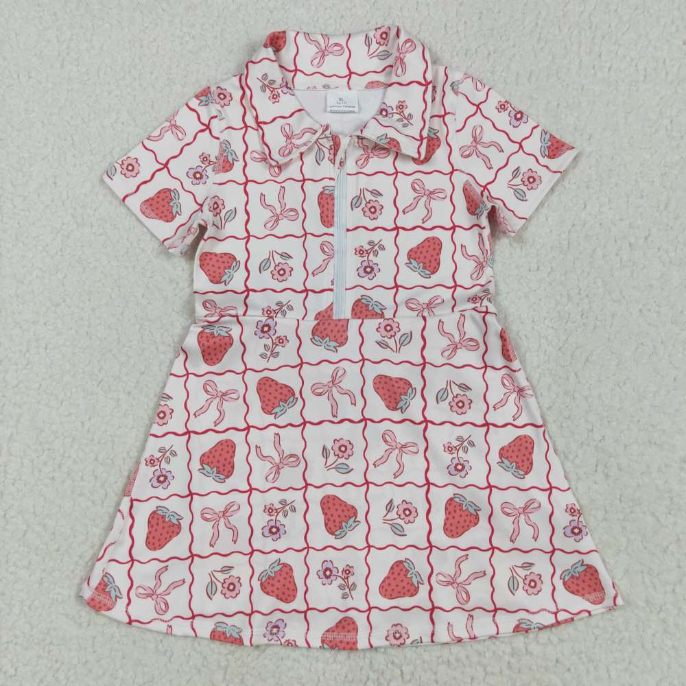 GSD2407  5.9y Strawberry Flower Pink Bow Pattern Plaid Yoga Short Sleeve Dress