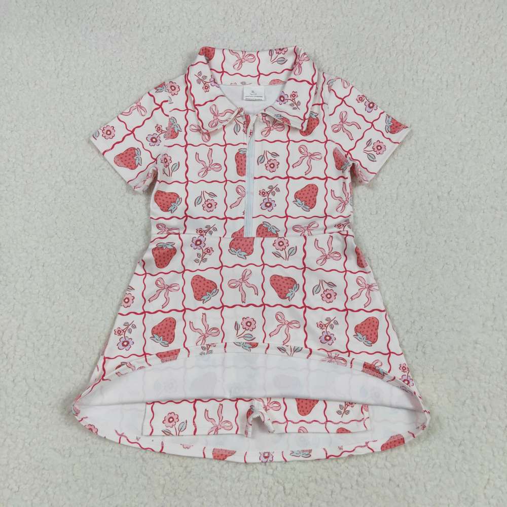 GSD2407  5.9y Strawberry Flower Pink Bow Pattern Plaid Yoga Short Sleeve Dress