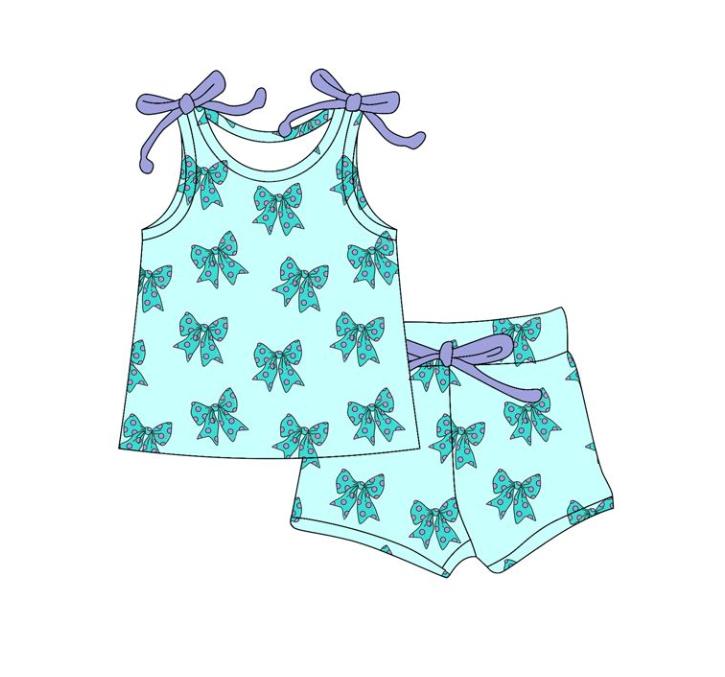 GSSO2598 5.13 y pre order Blue sleeveless shorts set with polka dot bow pattern