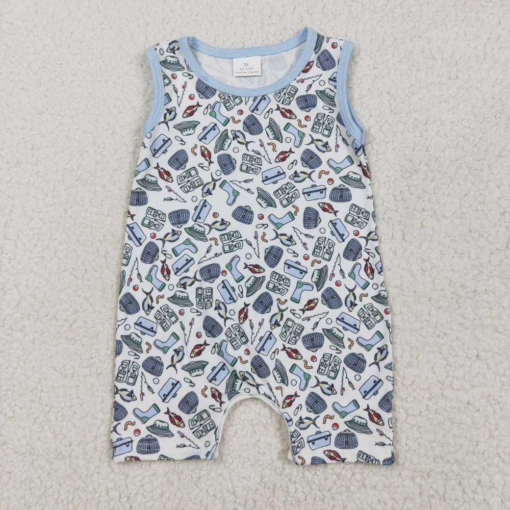 SR2900 5.14Y Fishing Blue and White Sleeveless romper