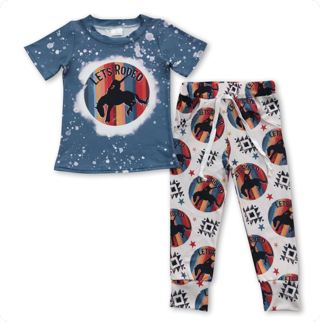 BSPO0111 5.19y Boys Lets Rodeo Horseback Riding Aztec Short Sleeve Beige Trousers Set