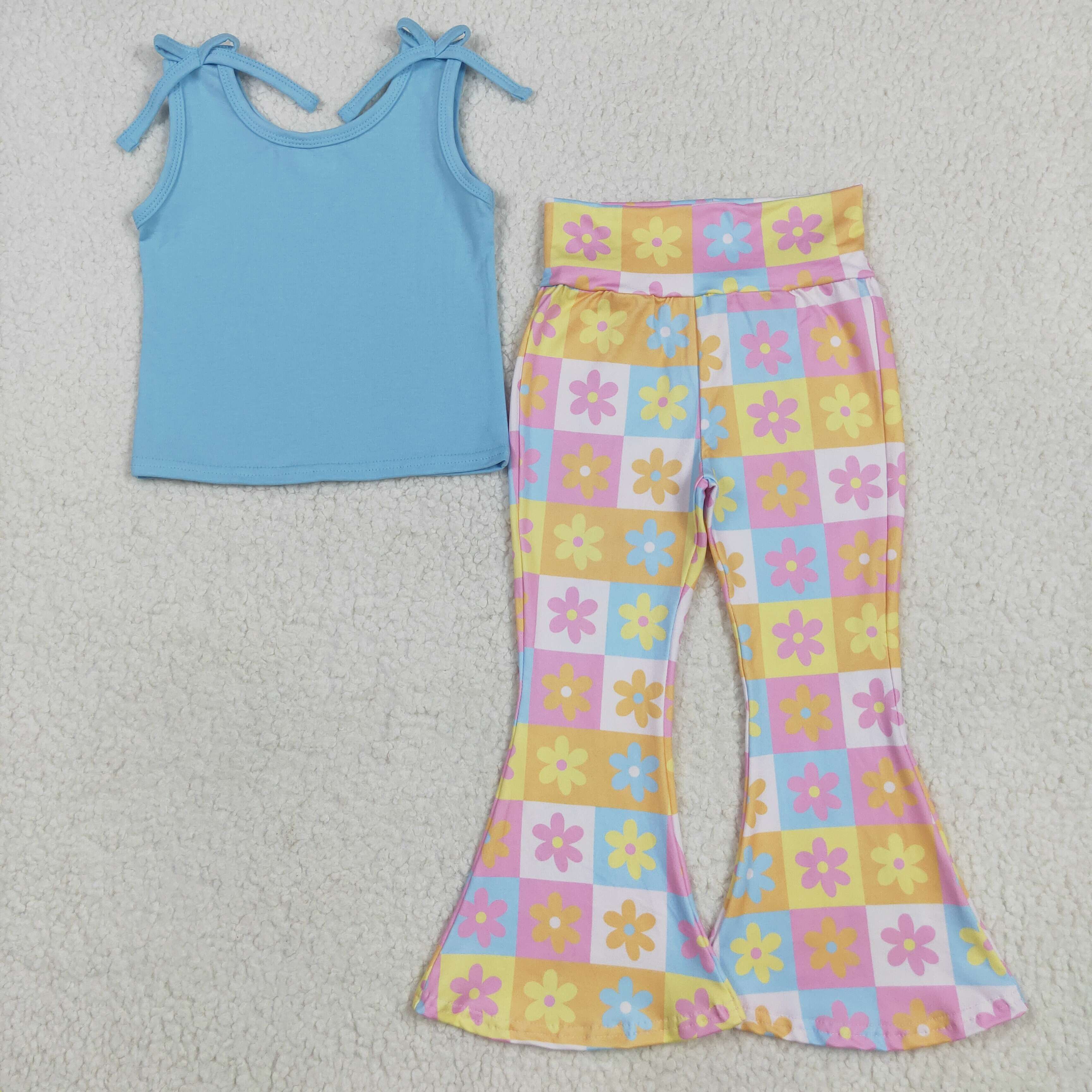 GSPO2017 5.20 y  Solid Blue Sleeveless Floral Colored Plaid Trousers Set
