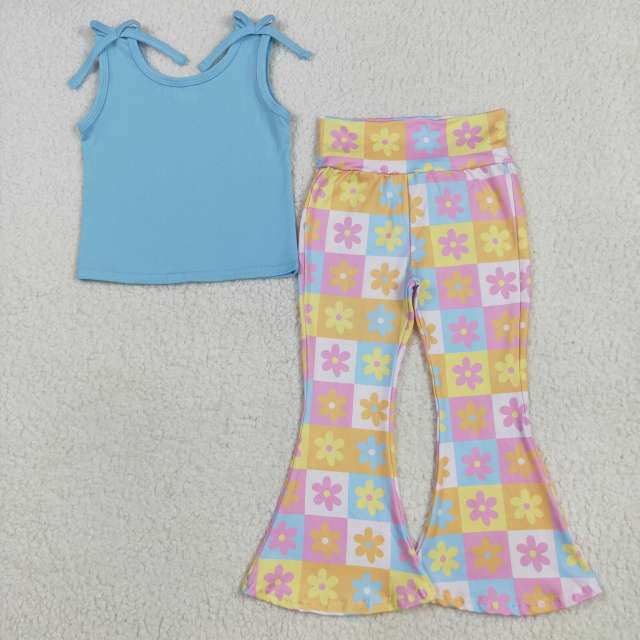 GSPO2017 5.20 y  Solid Blue Sleeveless Floral Colored Plaid Trousers Set
