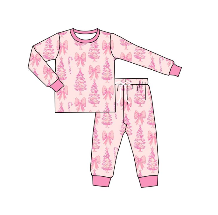 GLP2356 5.20y pre order Pink long-sleeved and long-pants pajama set with Christmas tree bow pattern