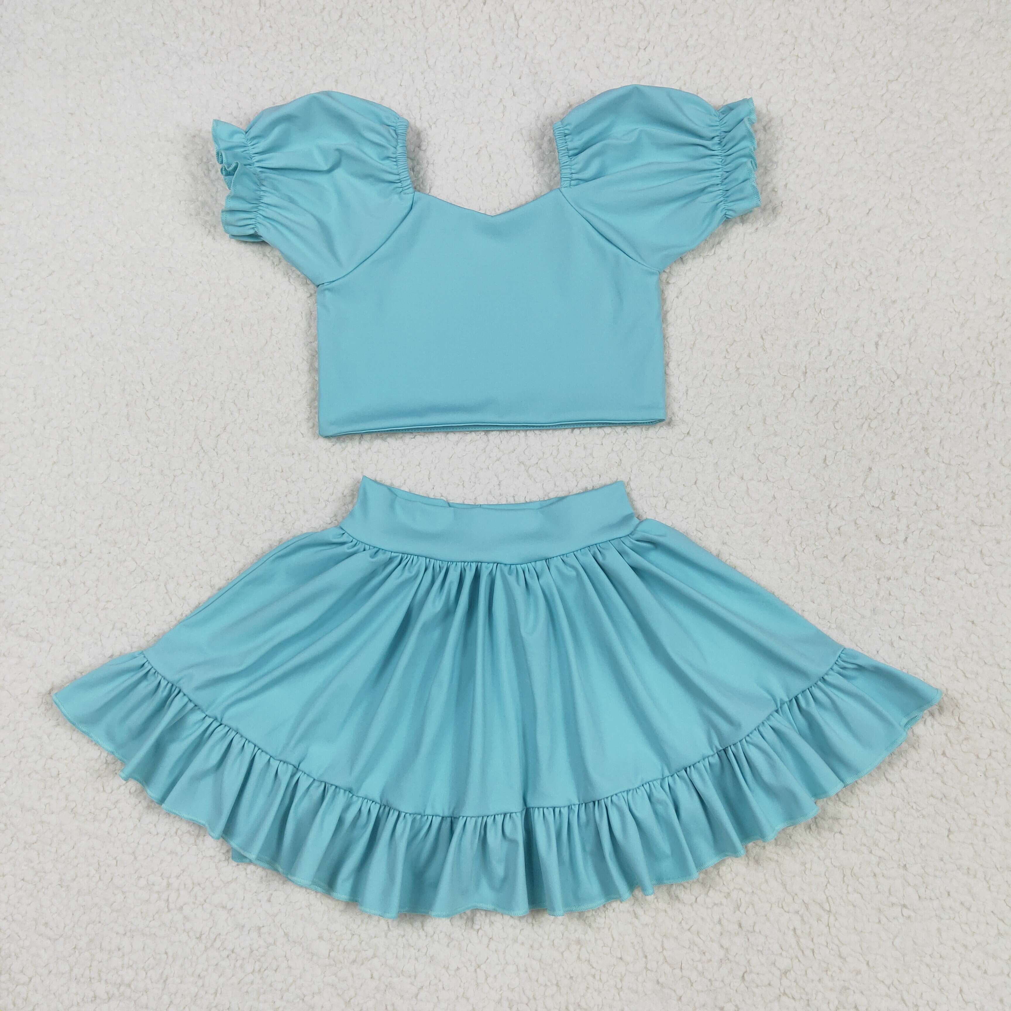 GSD2101 5.21 y  Solid Light Blue Lantern Sleeve Skirt Yoga Set