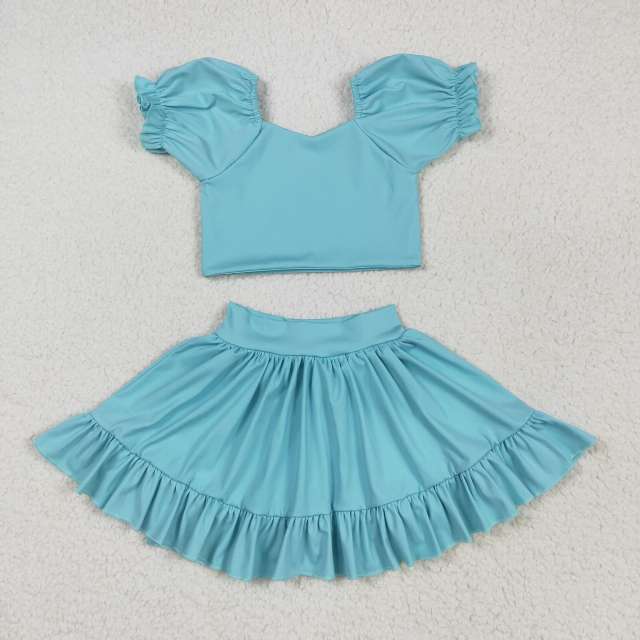 GSD2101 5.21 y  Solid Light Blue Lantern Sleeve Skirt Yoga Set