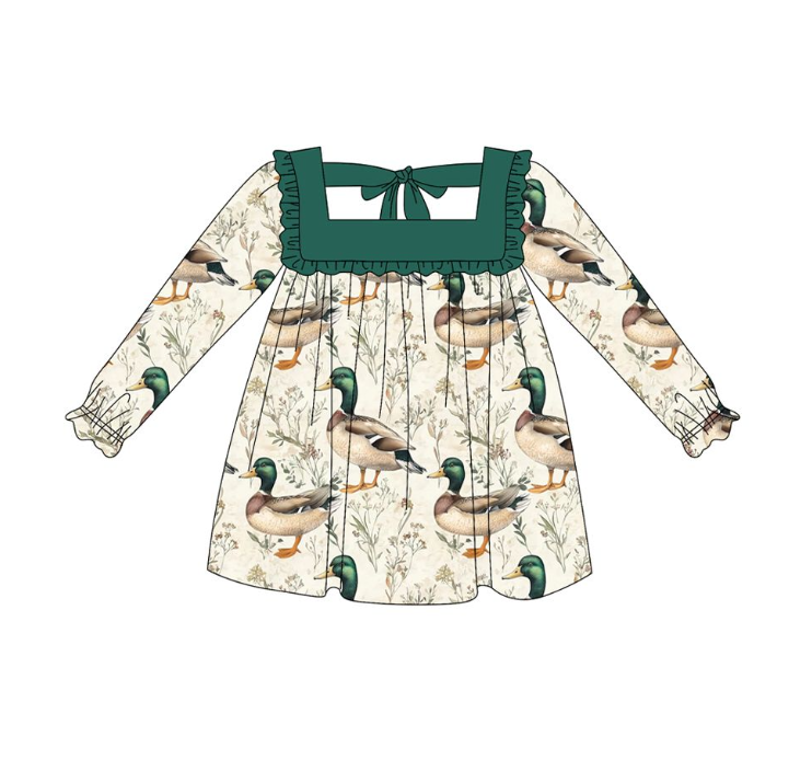 GLD1057 5.21y pre order Duck Green Lace Tie Long Sleeve Dress