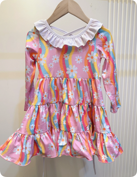 GLD1034  5.21y Pink long-sleeved dress with blue floral lace belt
