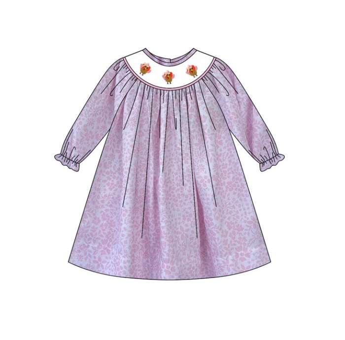 GLD1027  5.21y pre order  smocked turkey pink flower leaves long sleeve dress