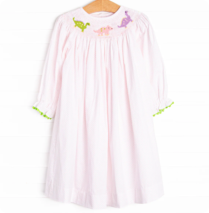 GLD1023  5.21y pre order  Smocked dinosaur polka dot pink and white long-sleeved dress