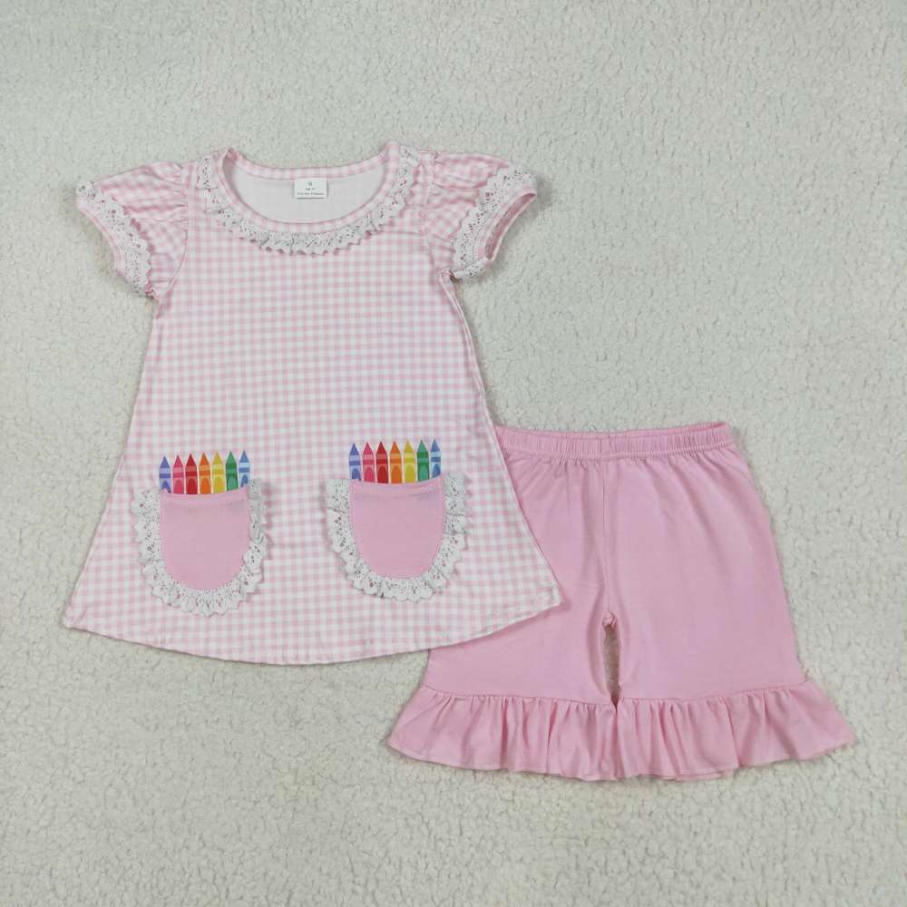 GSSO2388  5.22 y Back to School Crayon Pocket Pink Plaid Short Sleeve Shorts Set