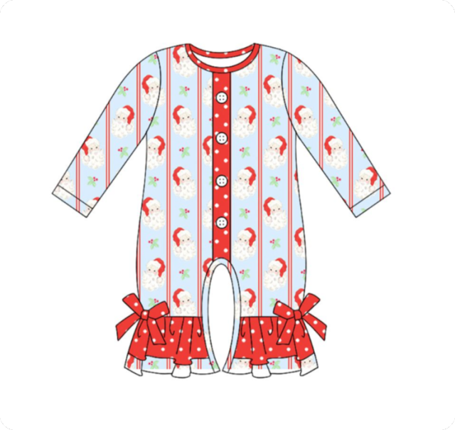LR2242 5.22y  pre order Santa Claus Polka Dot Lace Red Stripe Button Blue Long Sleeve