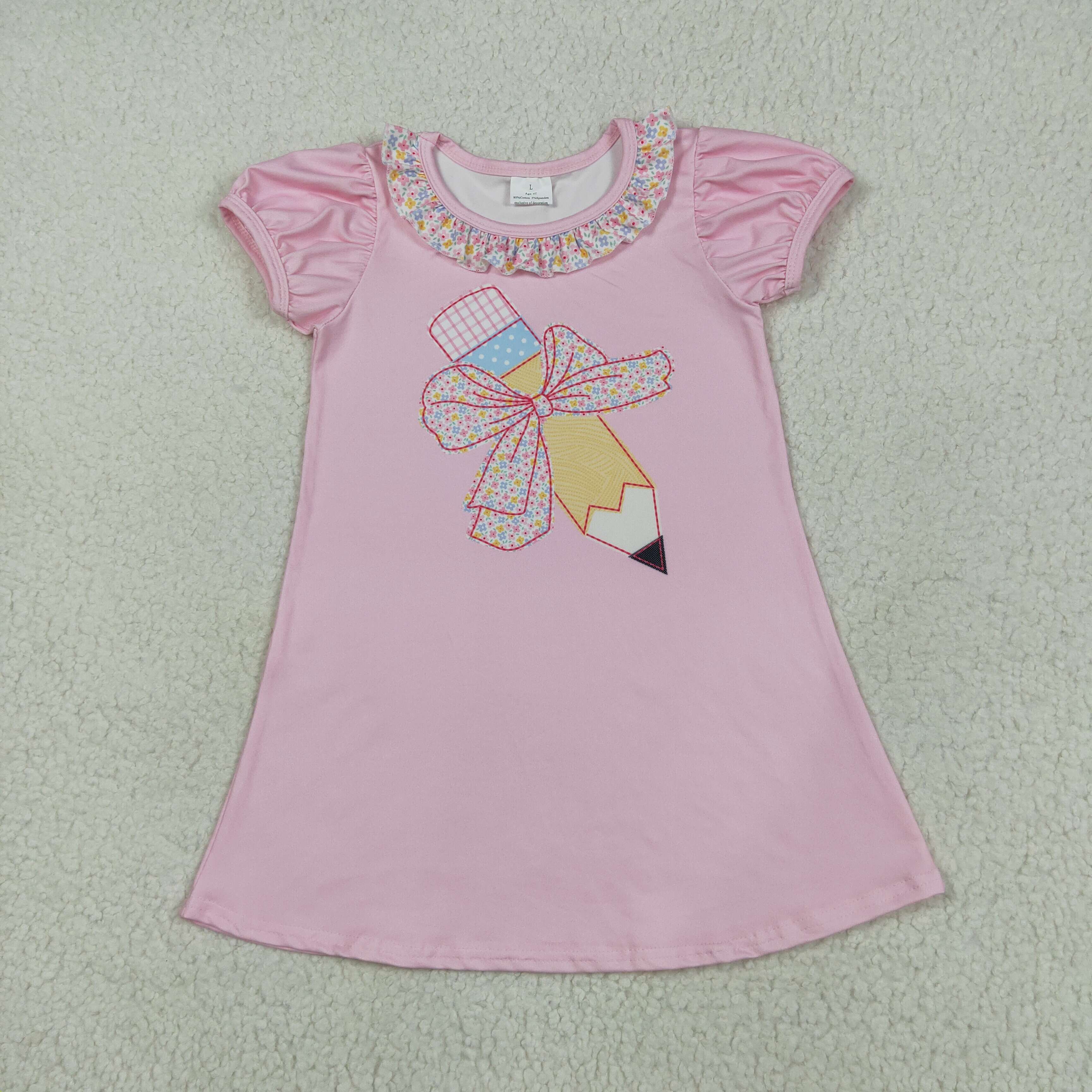 GSD2017  5.26y  Back to School Bow Pencil Lace Pink Lantern Sleeve Short Sleeve Dress