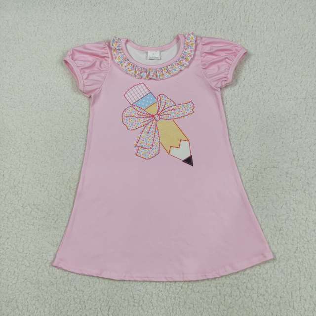 GSD2017  5.26y  Back to School Bow Pencil Lace Pink Lantern Sleeve Short Sleeve Dress