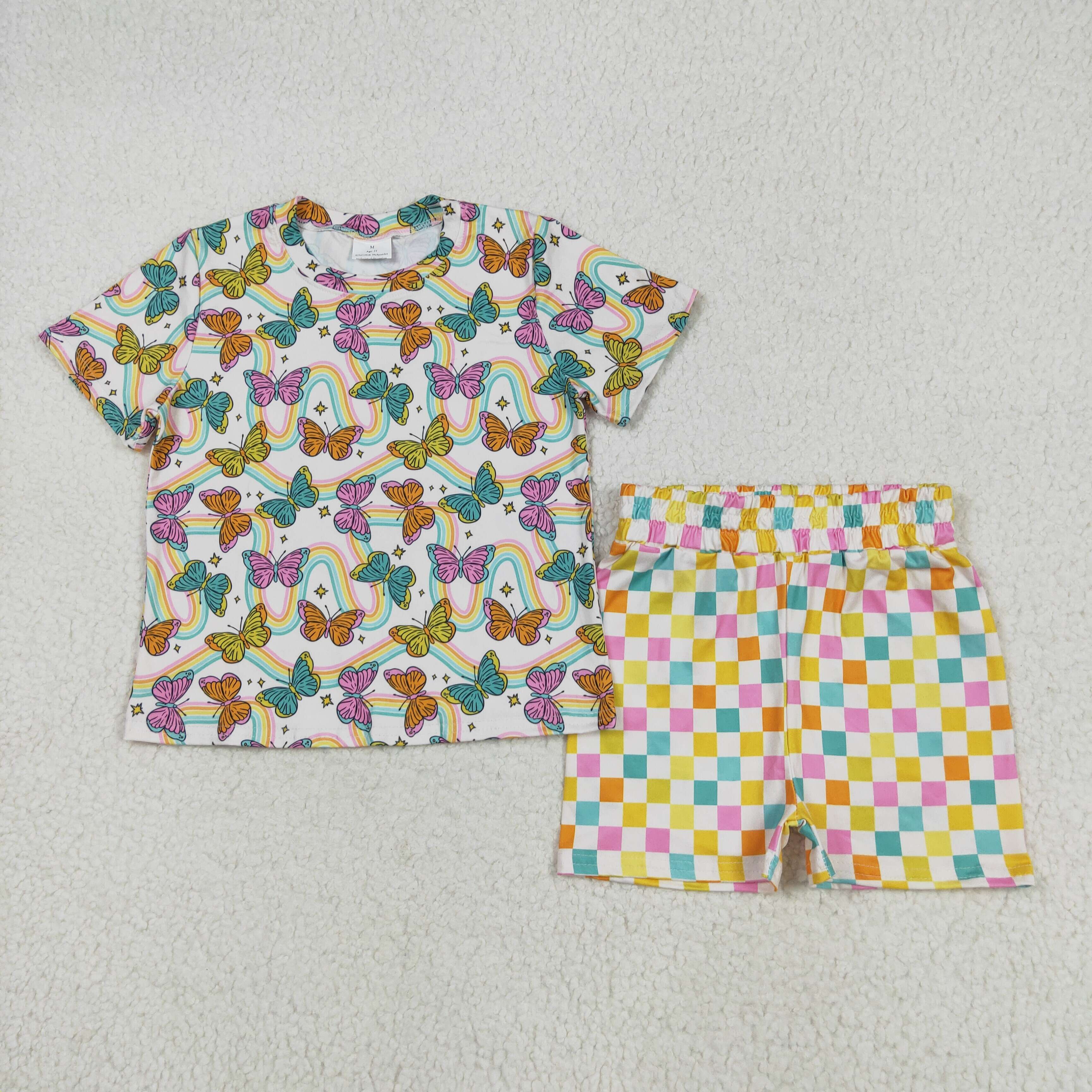 GSSO2615  5.26y Butterfly Short Sleeve Color Plaid Shorts Set