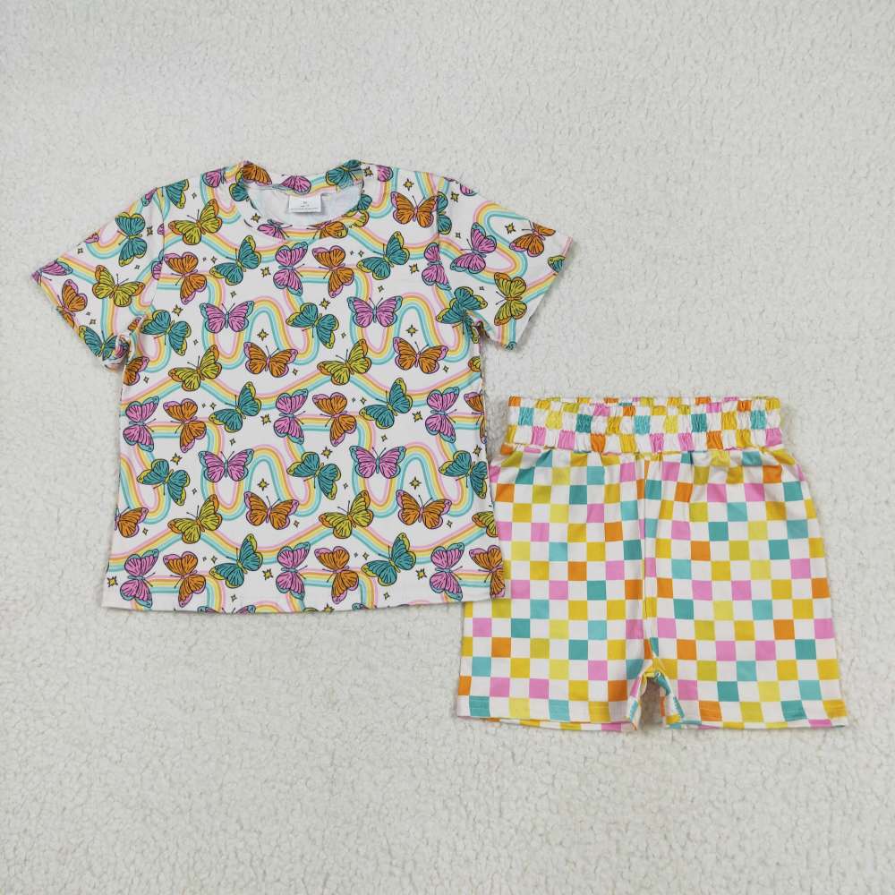 GSSO2615  5.26y Butterfly Short Sleeve Color Plaid Shorts Set