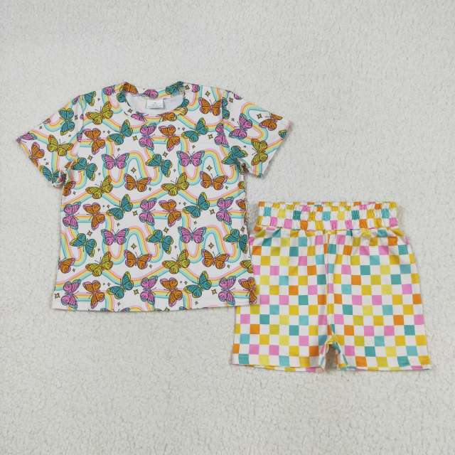 GSSO2615  5.26y Butterfly Short Sleeve Color Plaid Shorts Set