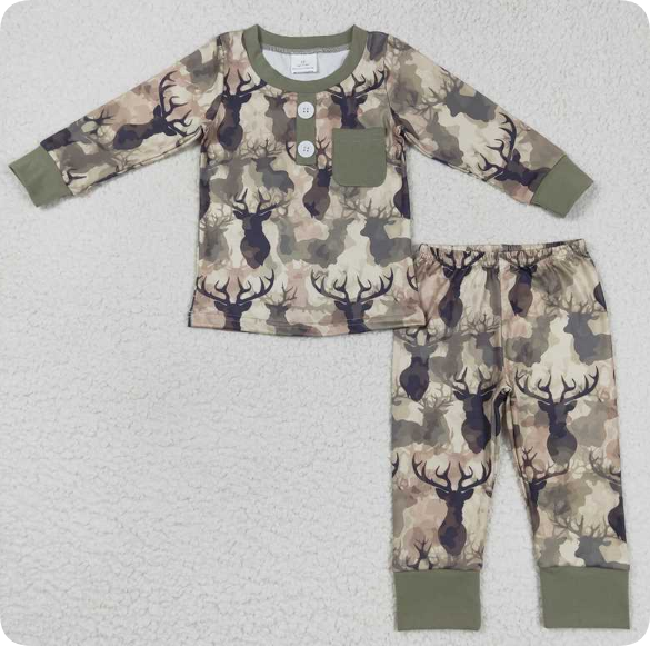 BLP0332 5.27y  Pocket Elk Army Green Camouflage Long Sleeve Pants Set