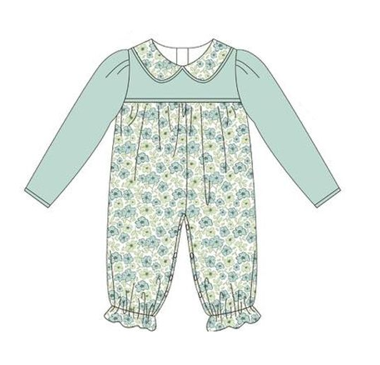 LR2258 5.28y  pre order Floral Baby Collar Teal Long Sleeve romper