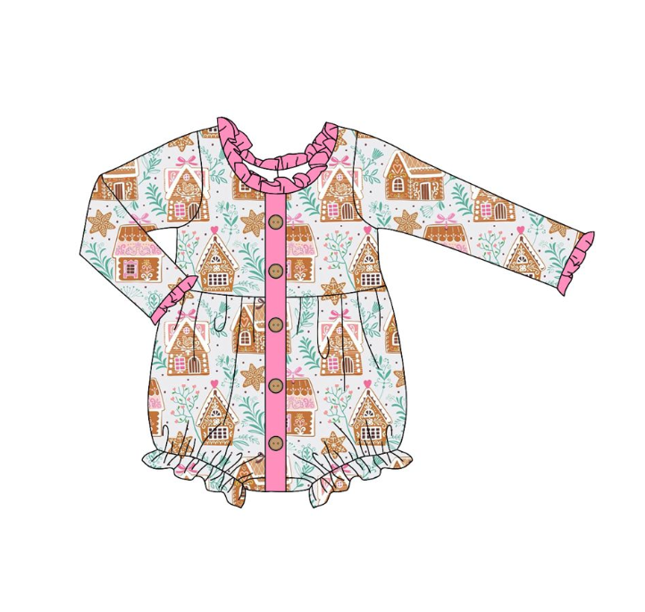 LR2282 6.2y Christmas Cookie House Rose Red Lace Button Long Sleeve romper