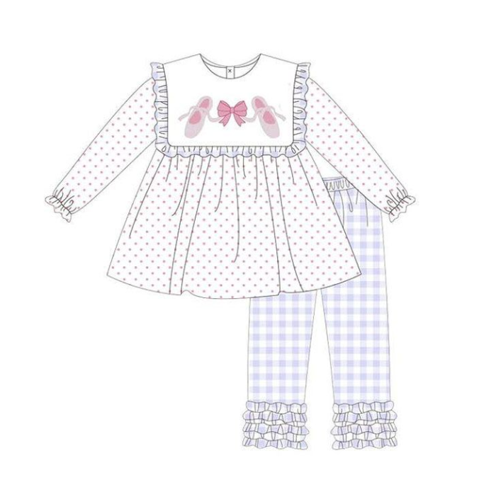 GLP2408 6.9y pre order Ballet Shoes Bow Polka Dot White Long Sleeve Purple Plaid Pants Set